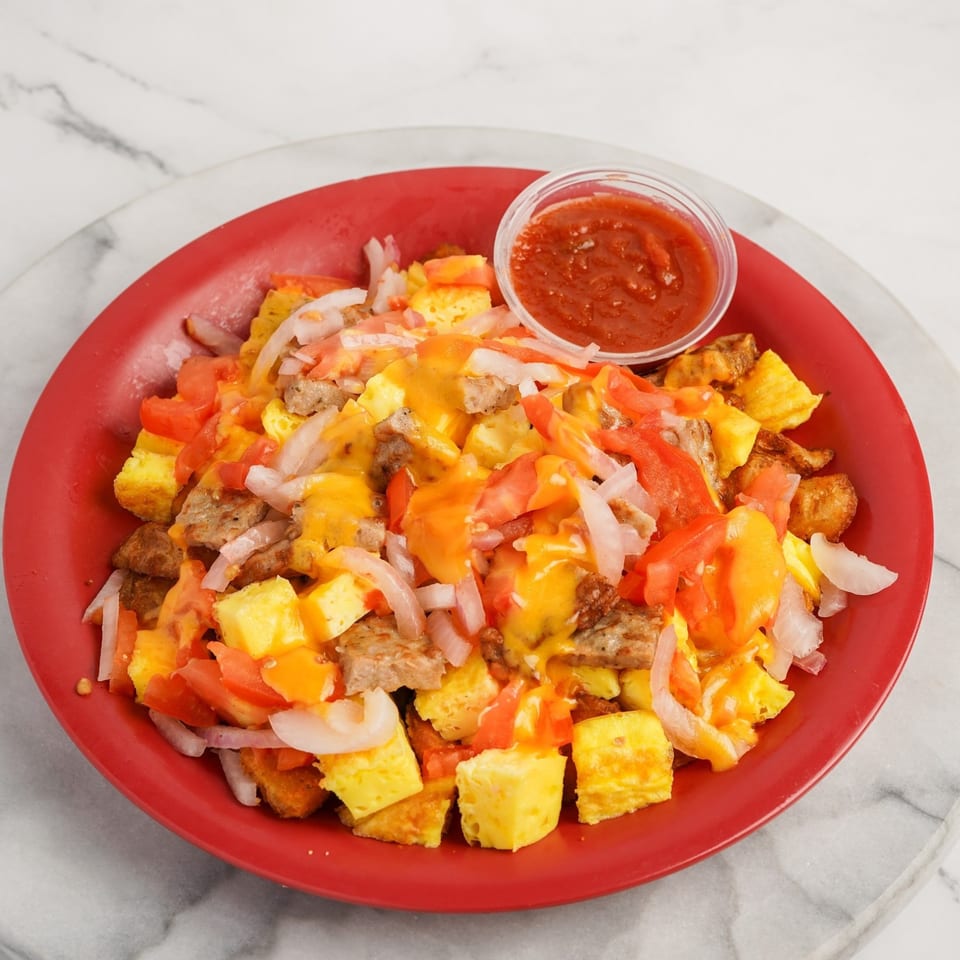 Breakfast bowl with scrambled eggs, sausage, cheese, tomatoes, onions, and a side of salsa.